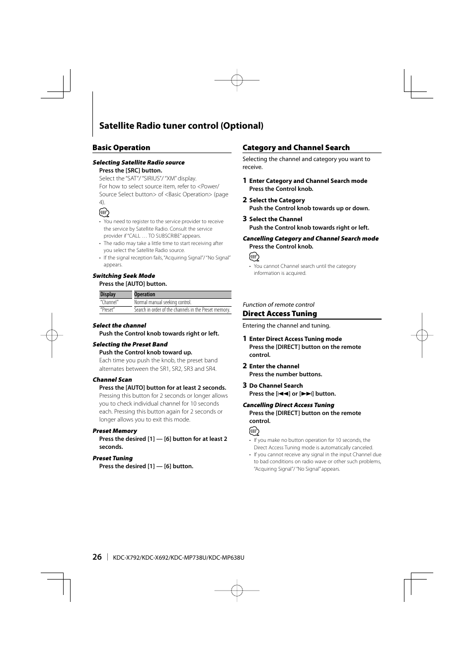 Satellite radio tuner control (optional) | Kenwood eXcelon KDC-X792 User Manual | Page 26 / 116