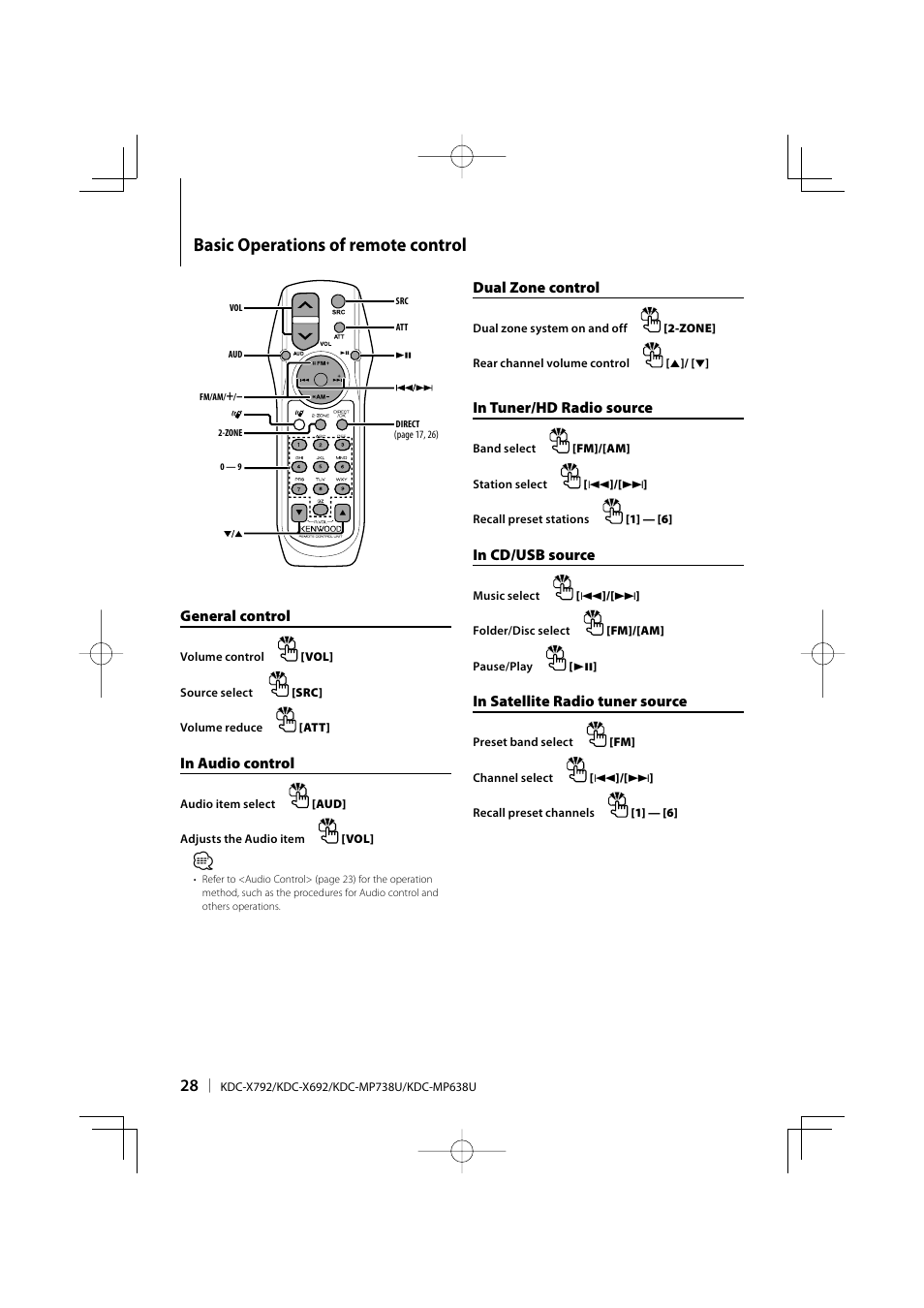 Basic operations of remote control | Kenwood eXcelon KDC-X792 User Manual | Page 28 / 116