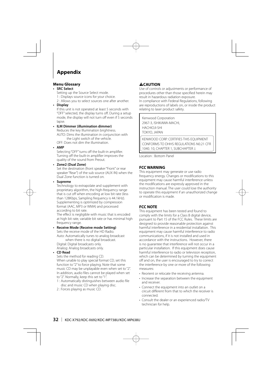 Appendix | Kenwood eXcelon KDC-X792 User Manual | Page 32 / 116