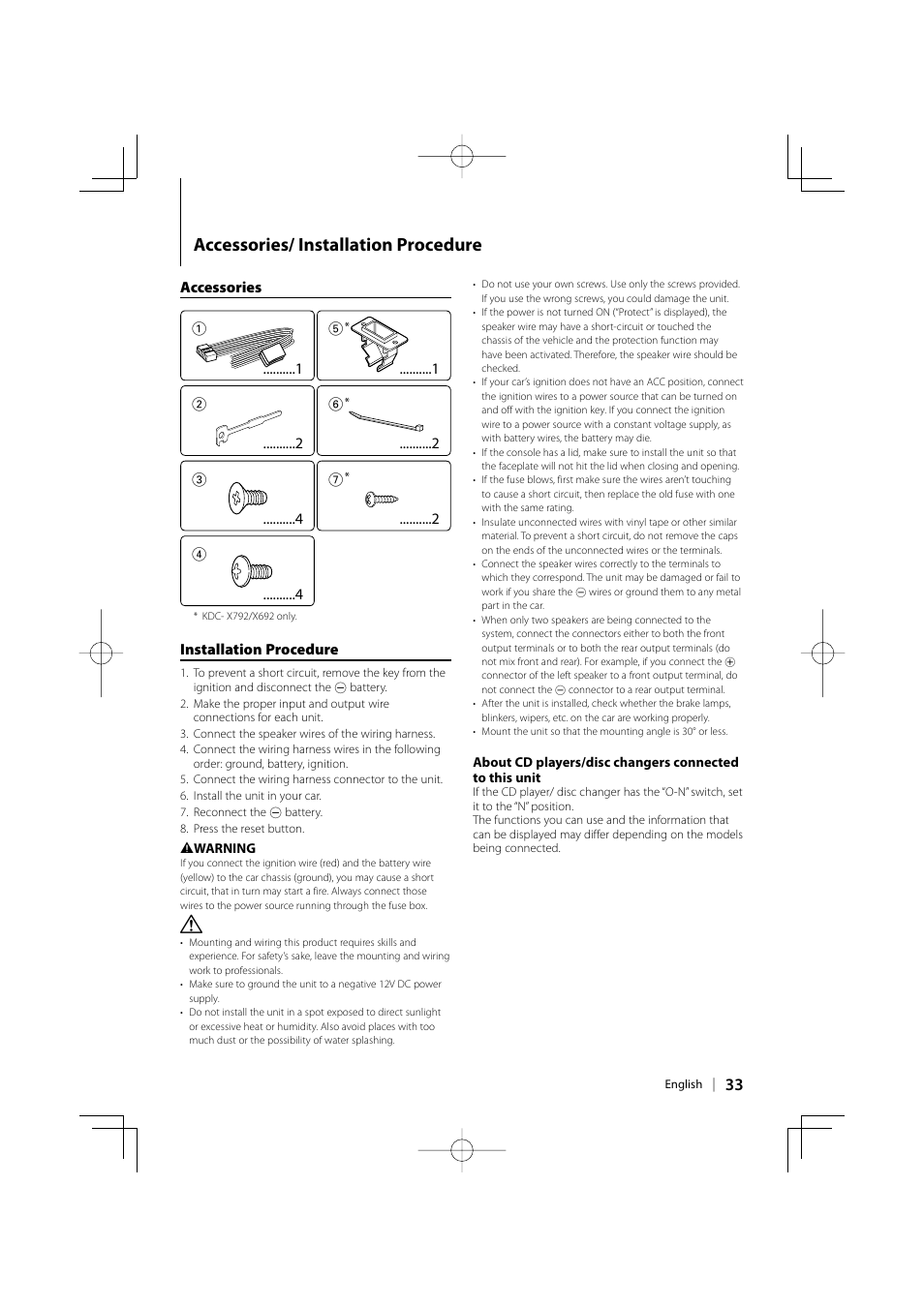 Accessories/ installation procedure | Kenwood eXcelon KDC-X792 User Manual | Page 33 / 116