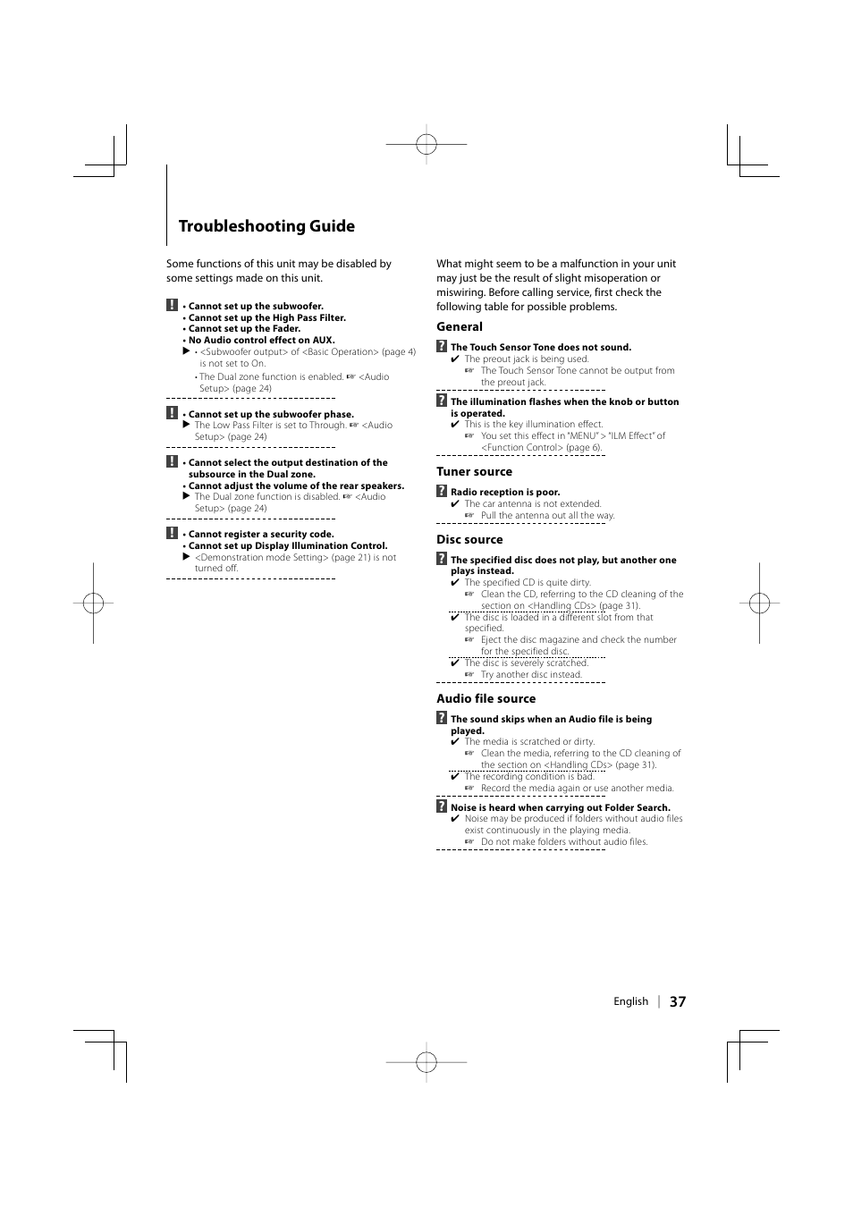 Troubleshooting guide | Kenwood eXcelon KDC-X792 User Manual | Page 37 / 116