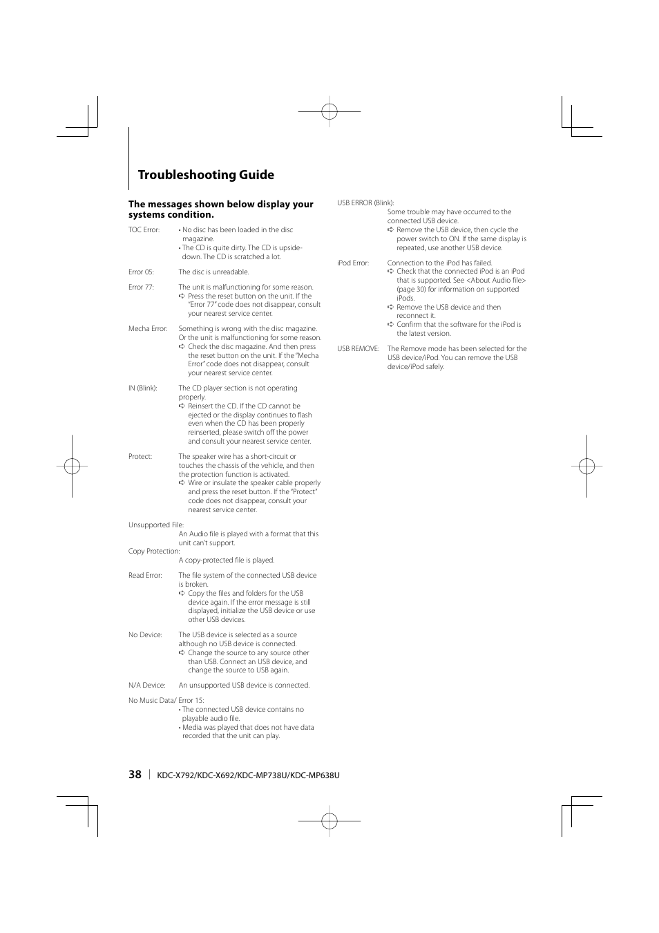 Troubleshooting guide | Kenwood eXcelon KDC-X792 User Manual | Page 38 / 116