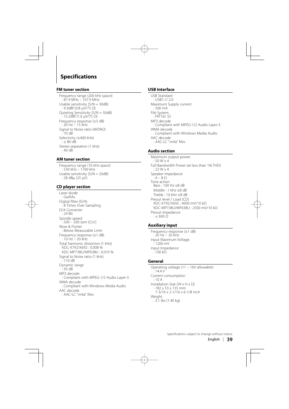 Specifications | Kenwood eXcelon KDC-X792 User Manual | Page 39 / 116