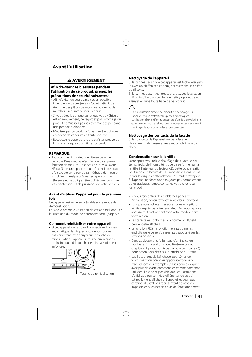 Avant l’utilisation | Kenwood eXcelon KDC-X792 User Manual | Page 41 / 116