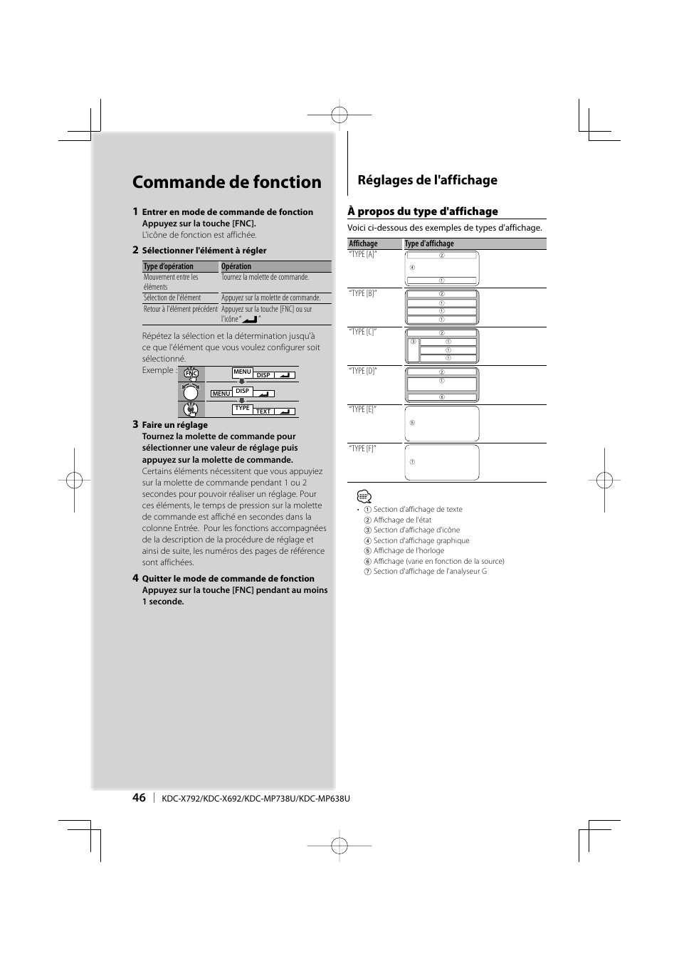 Commande de fonction, Réglages de l'affichage, À propos du type d'affichage | Kenwood eXcelon KDC-X792 User Manual | Page 46 / 116