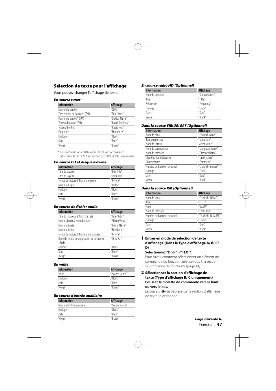 Sélection de texte pour l'affichage | Kenwood eXcelon KDC-X792 User Manual | Page 47 / 116