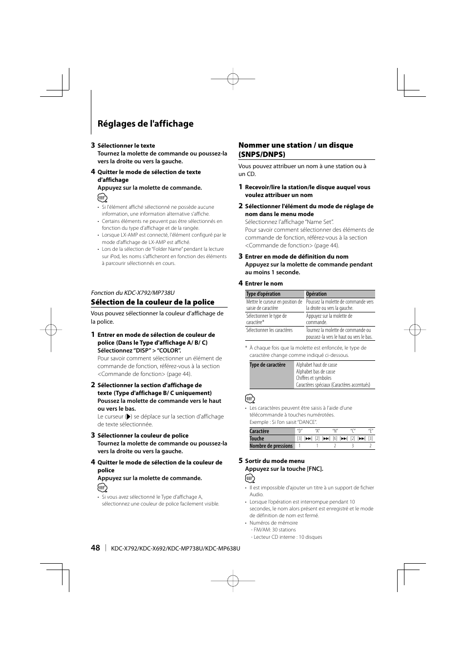 Réglages de l'affichage, Sélection de la couleur de la police, Nommer une station / un disque (snps/dnps) | Kenwood eXcelon KDC-X792 User Manual | Page 48 / 116