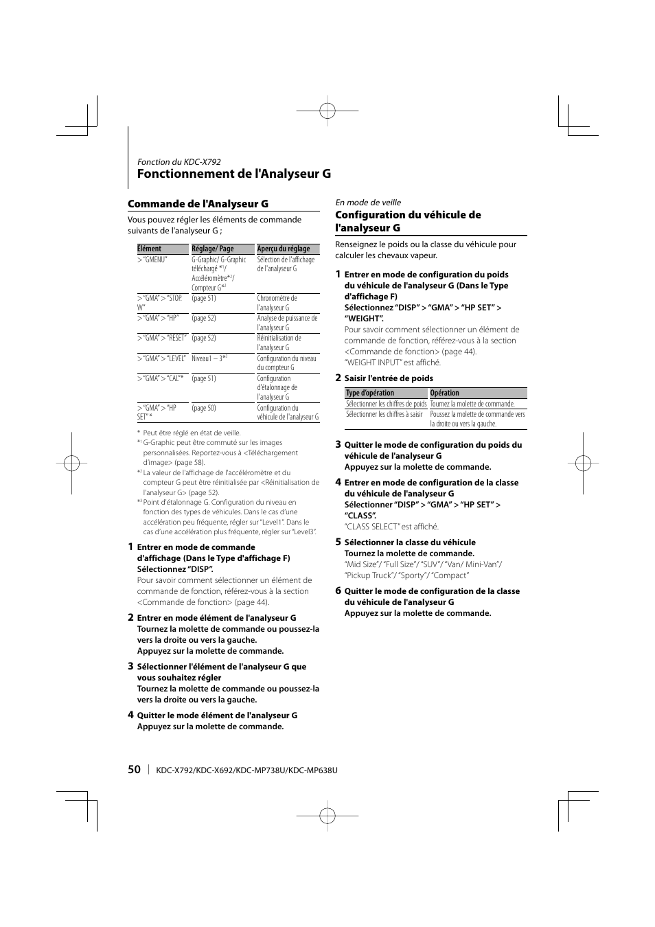 Fonctionnement de l'analyseur g, Commande de l'analyseur g, Configuration du véhicule de l'analyseur g | Kenwood eXcelon KDC-X792 User Manual | Page 50 / 116