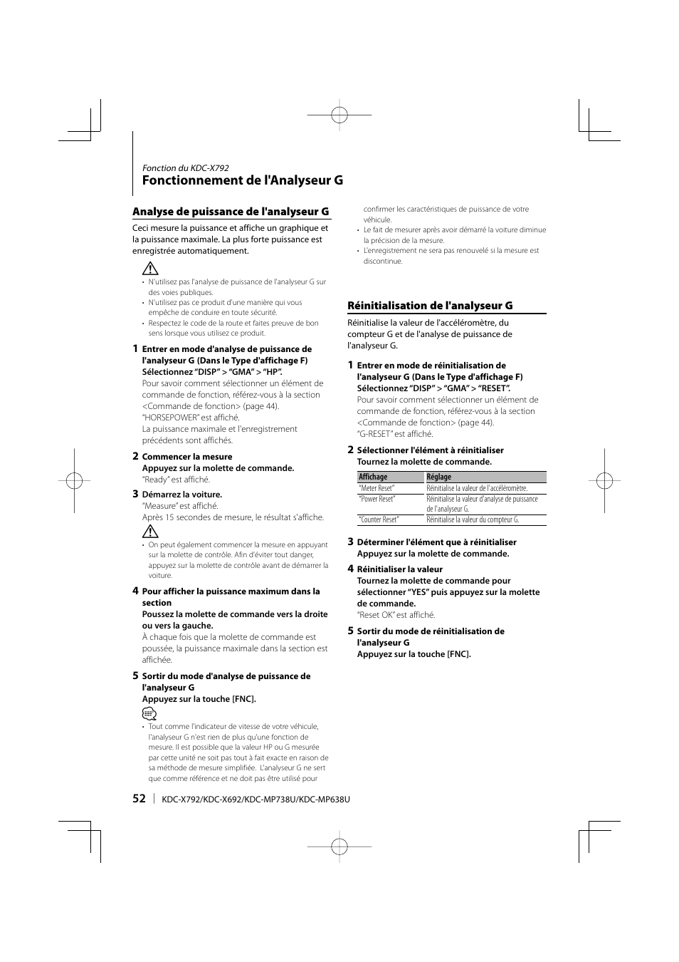 Fonctionnement de l'analyseur g | Kenwood eXcelon KDC-X792 User Manual | Page 52 / 116