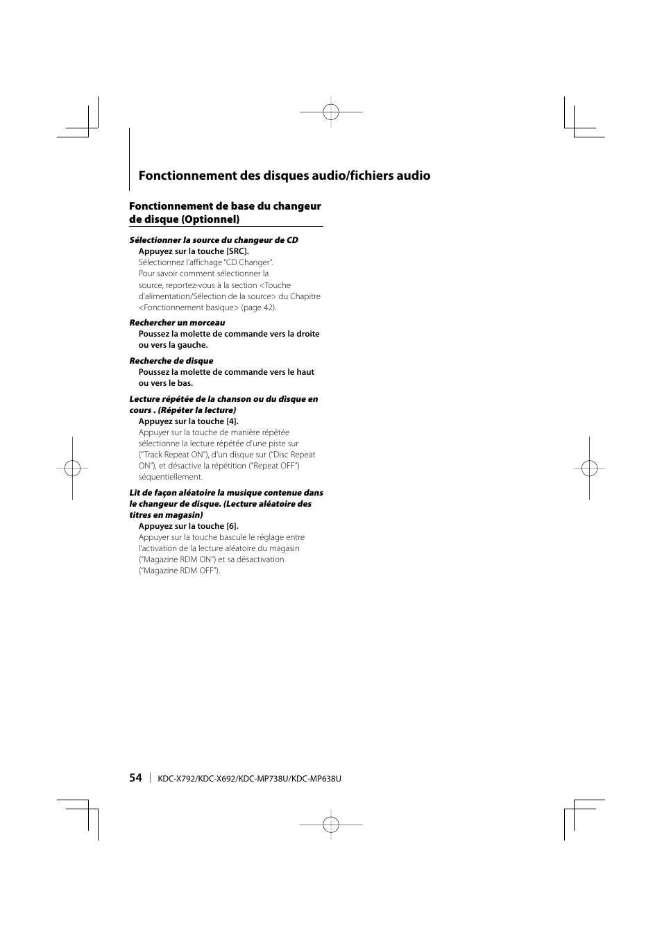 Fonctionnement des disques audio/fichiers audio | Kenwood eXcelon KDC-X792 User Manual | Page 54 / 116