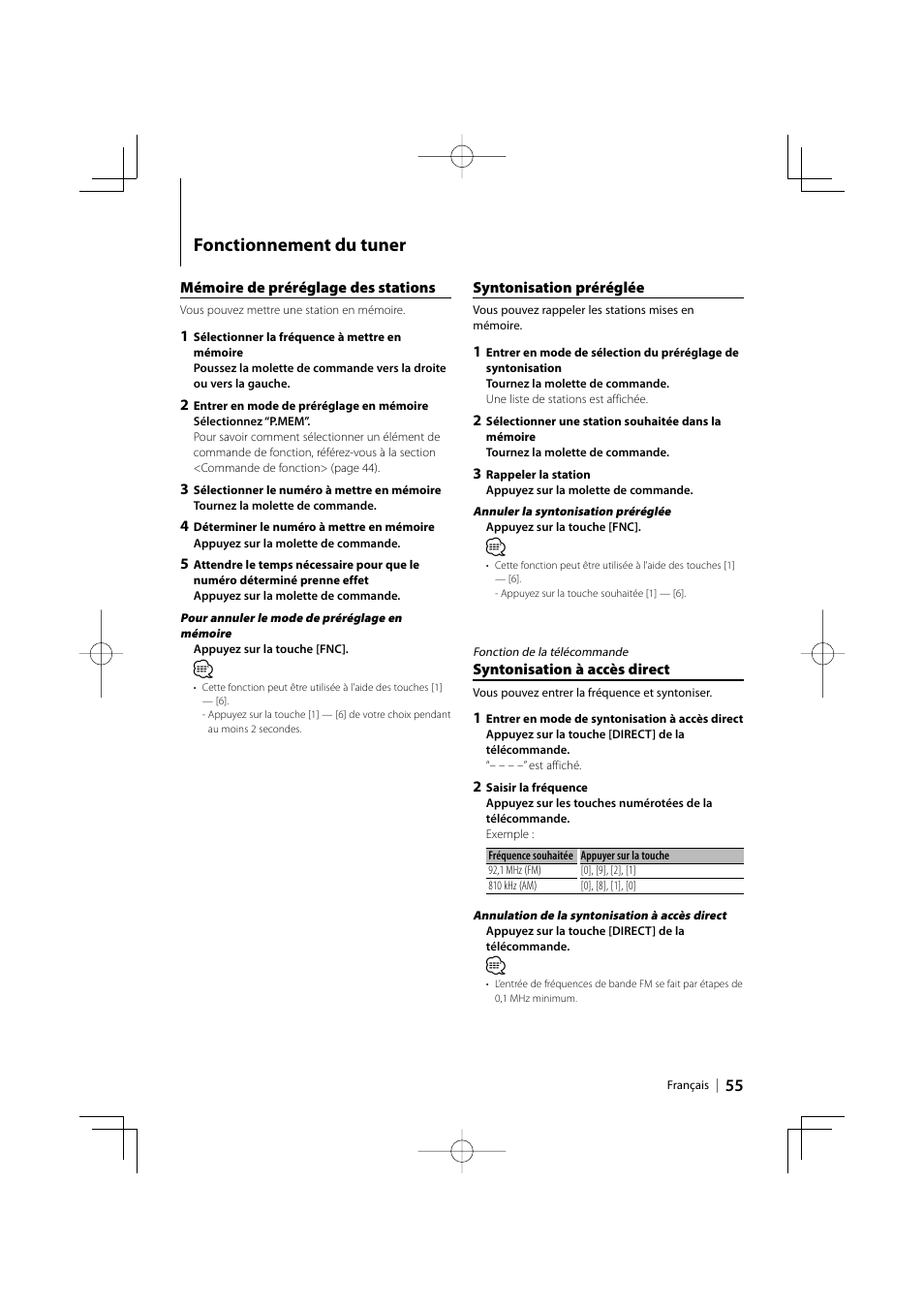 Fonctionnement du tuner | Kenwood eXcelon KDC-X792 User Manual | Page 55 / 116