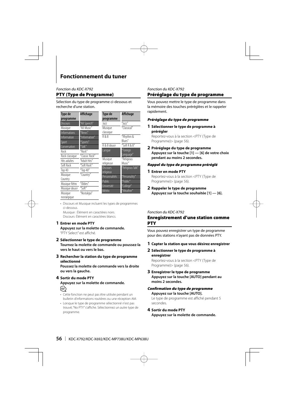 Fonctionnement du tuner | Kenwood eXcelon KDC-X792 User Manual | Page 56 / 116