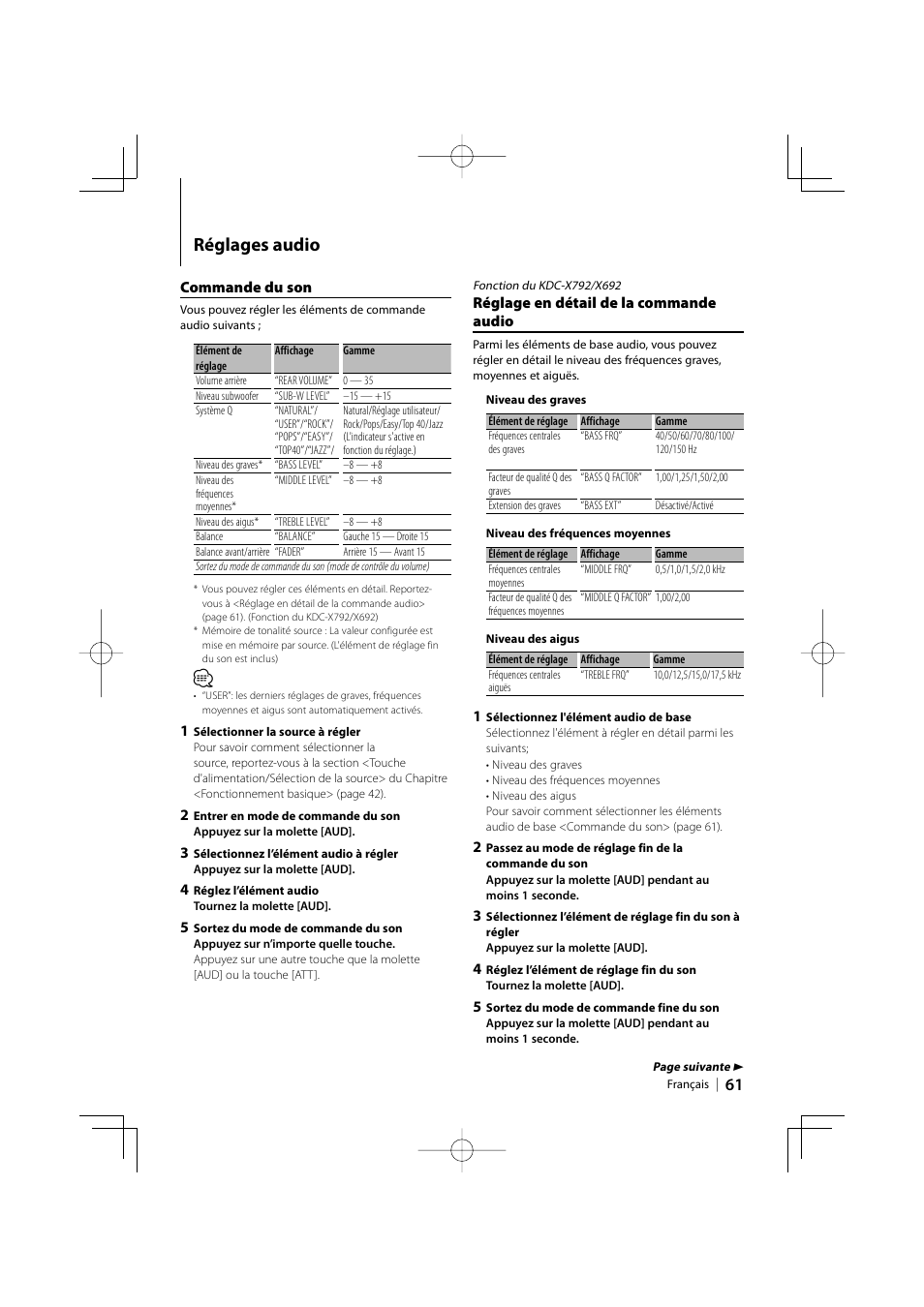 Réglages audio | Kenwood eXcelon KDC-X792 User Manual | Page 61 / 116