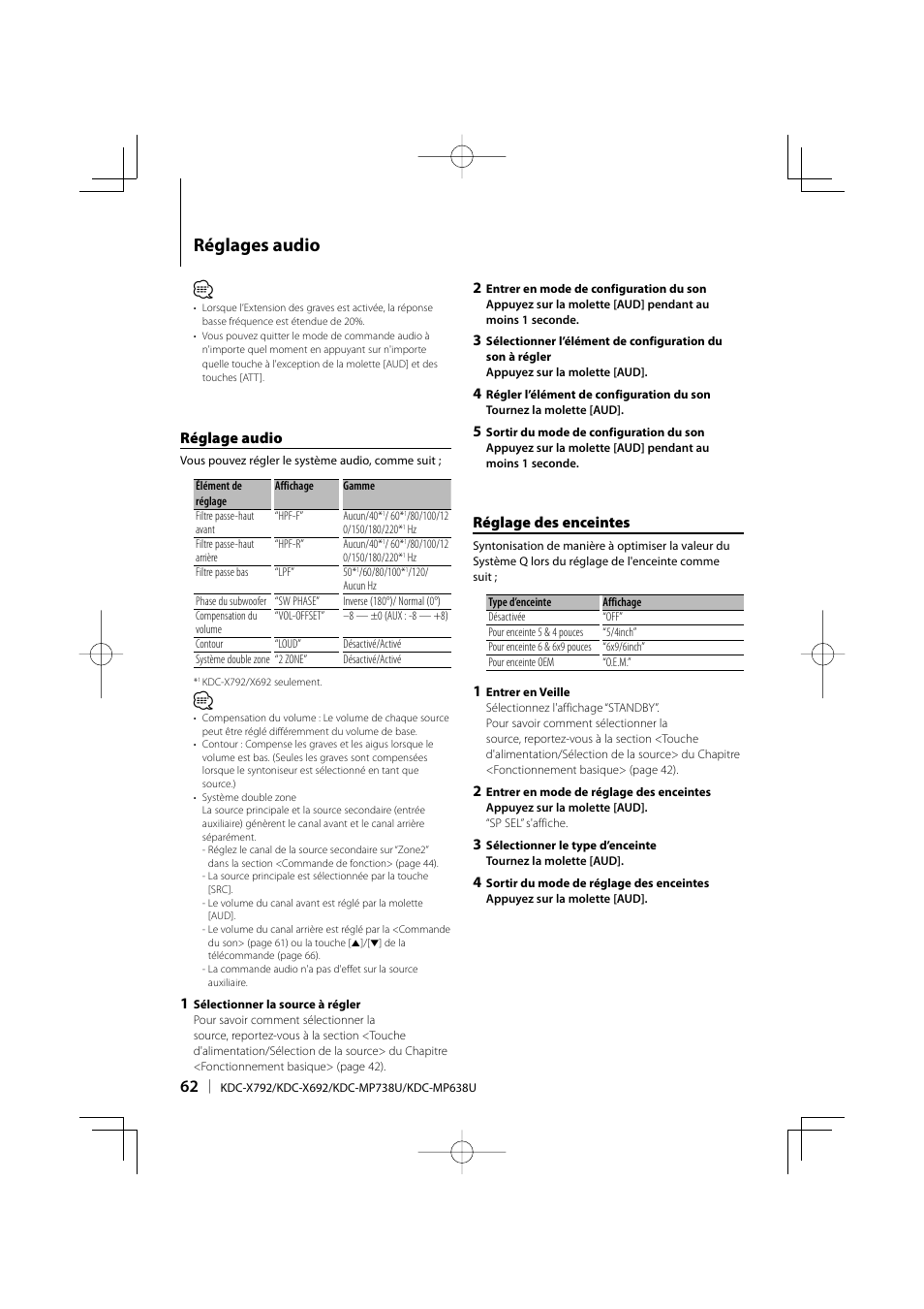 Réglages audio, Réglage audio, Réglage des enceintes | Kenwood eXcelon KDC-X792 User Manual | Page 62 / 116