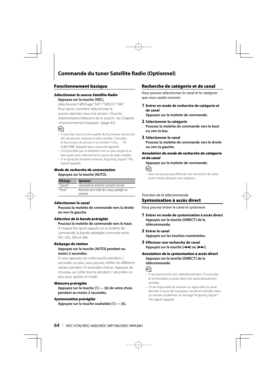 Commande du tuner satellite radio (optionnel) | Kenwood eXcelon KDC-X792 User Manual | Page 64 / 116
