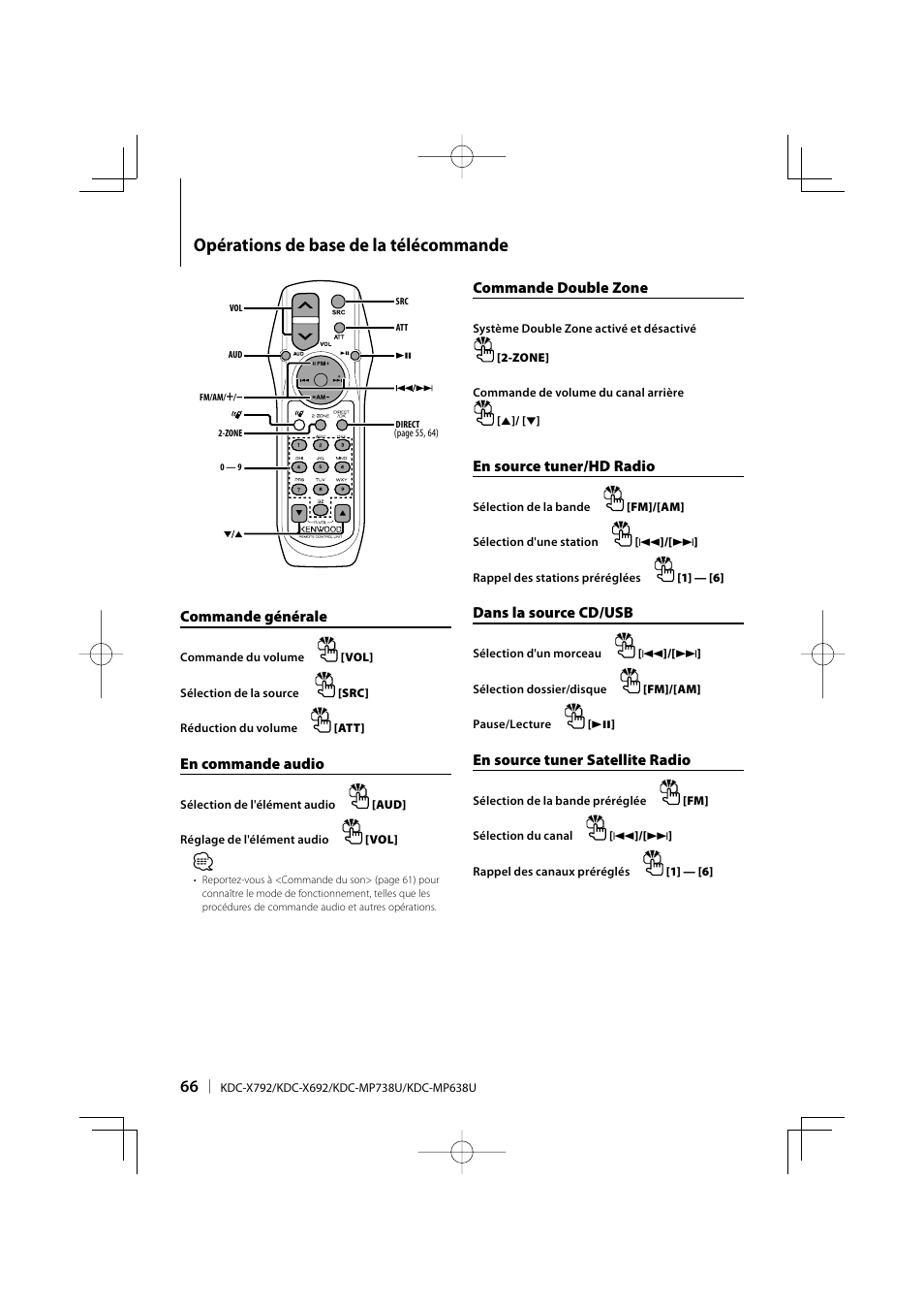 Opérations de base de la télécommande | Kenwood eXcelon KDC-X792 User Manual | Page 66 / 116