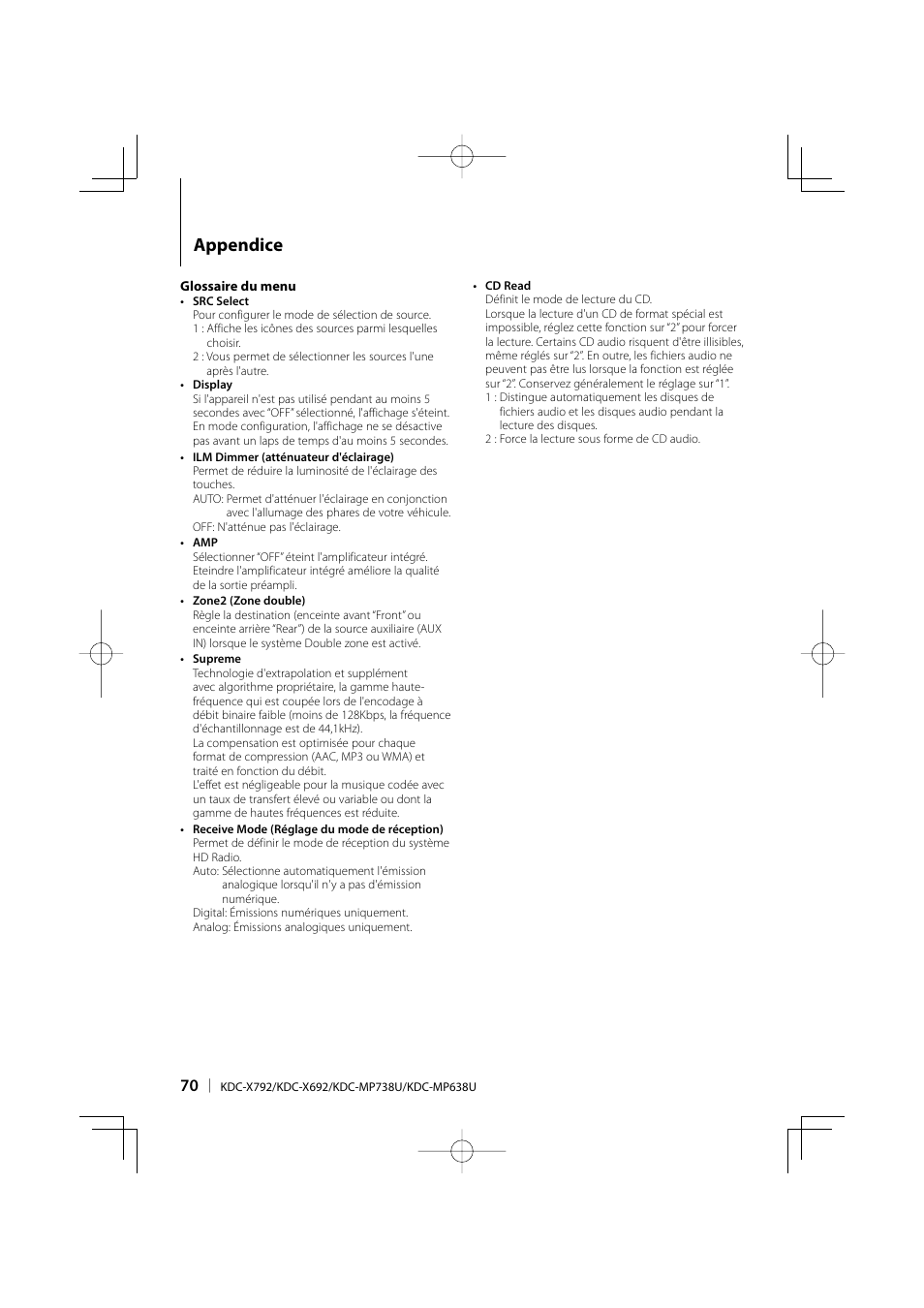 Appendice | Kenwood eXcelon KDC-X792 User Manual | Page 70 / 116