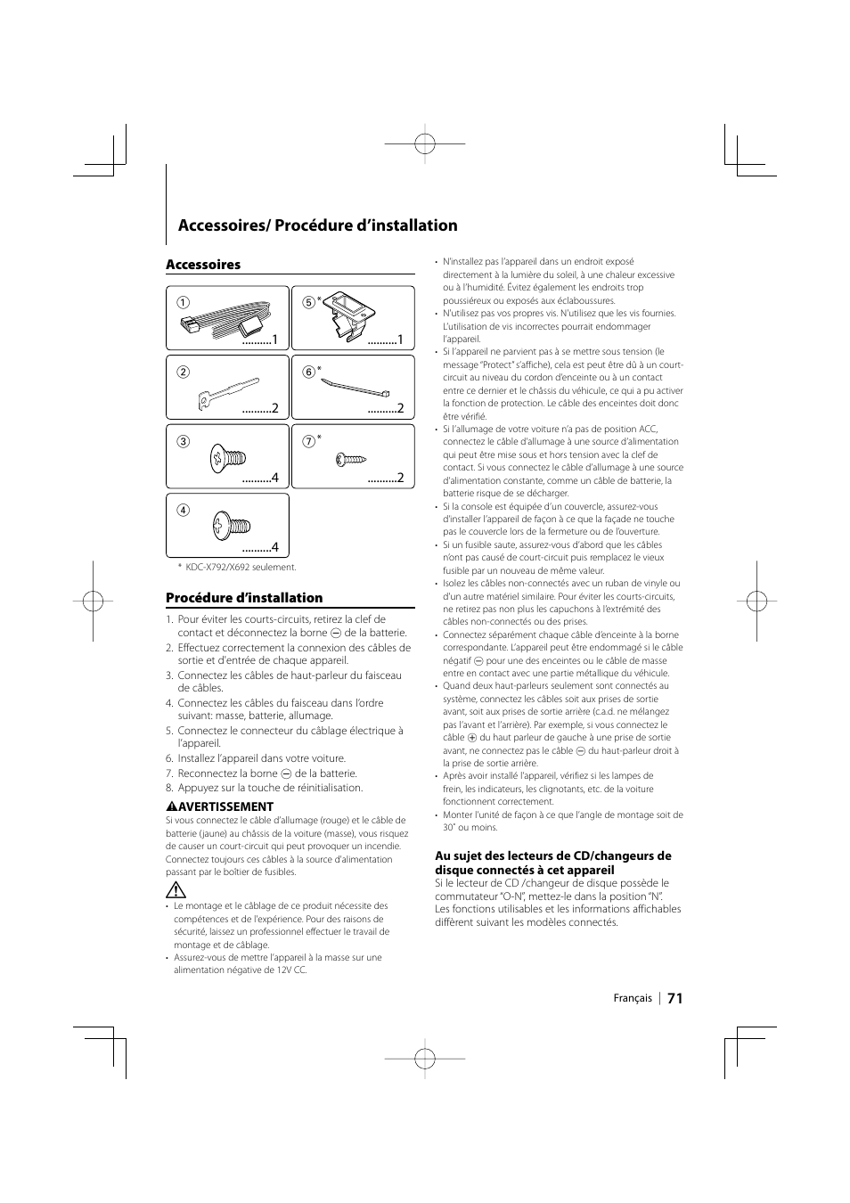 Accessoires/ procédure d’installation | Kenwood eXcelon KDC-X792 User Manual | Page 71 / 116