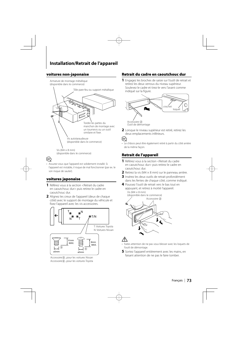 Installation/retrait de l’appareil | Kenwood eXcelon KDC-X792 User Manual | Page 73 / 116