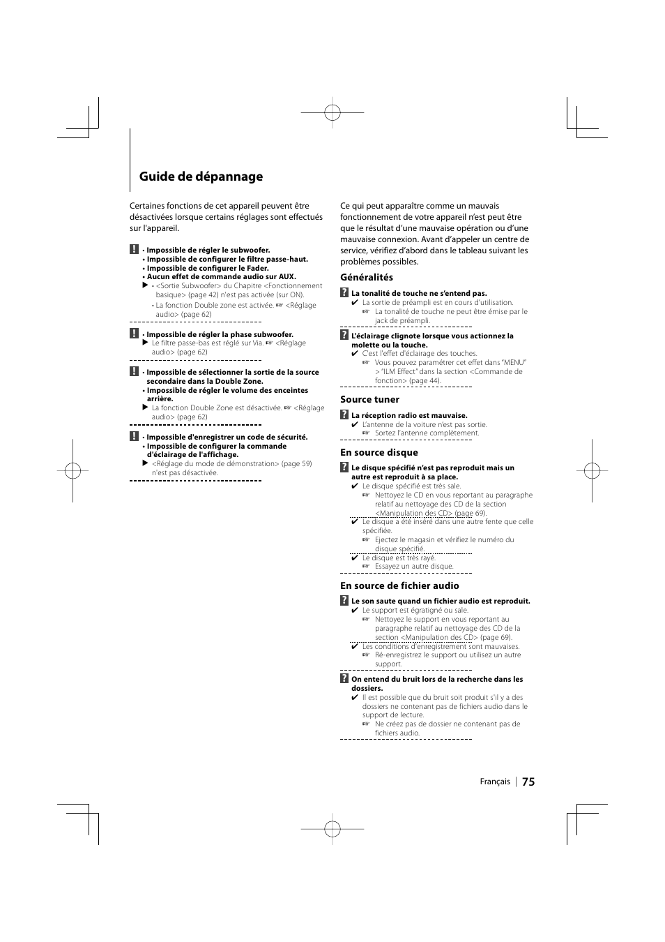 Guide de dépannage | Kenwood eXcelon KDC-X792 User Manual | Page 75 / 116