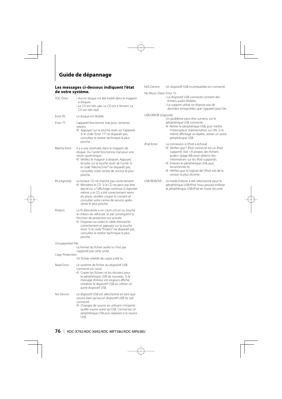 Guide de dépannage | Kenwood eXcelon KDC-X792 User Manual | Page 76 / 116