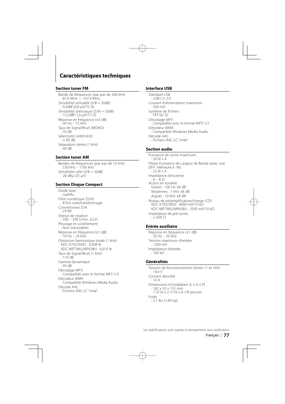 Caractéristiques techniques | Kenwood eXcelon KDC-X792 User Manual | Page 77 / 116