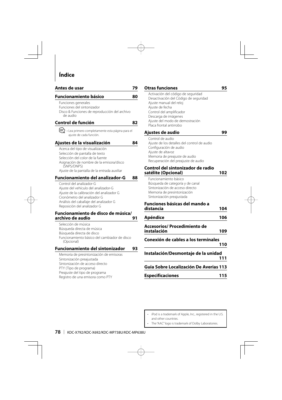 Índice | Kenwood eXcelon KDC-X792 User Manual | Page 78 / 116