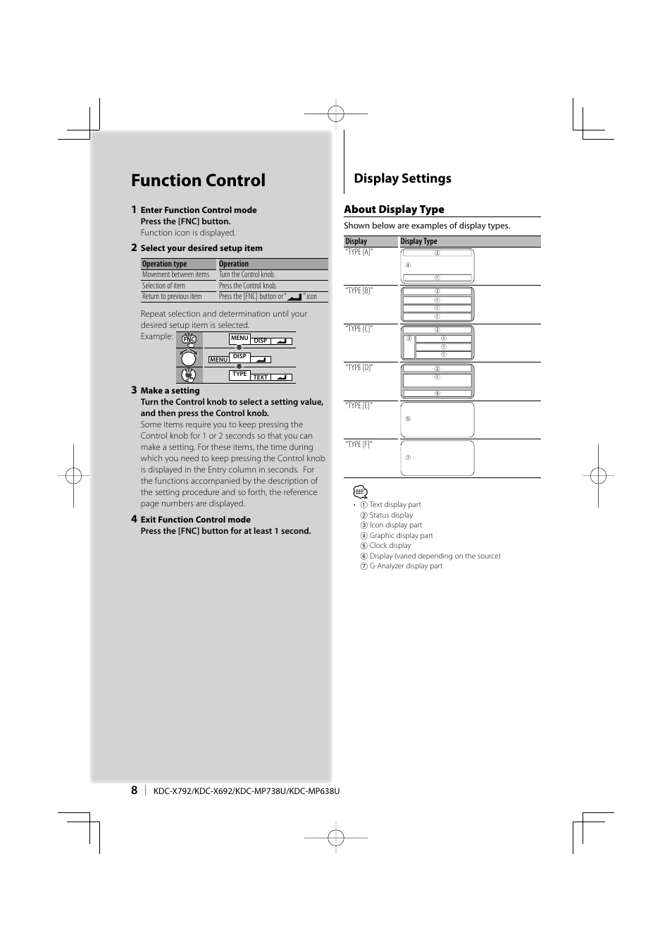 Function control, Display settings, About display type | Kenwood eXcelon KDC-X792 User Manual | Page 8 / 116