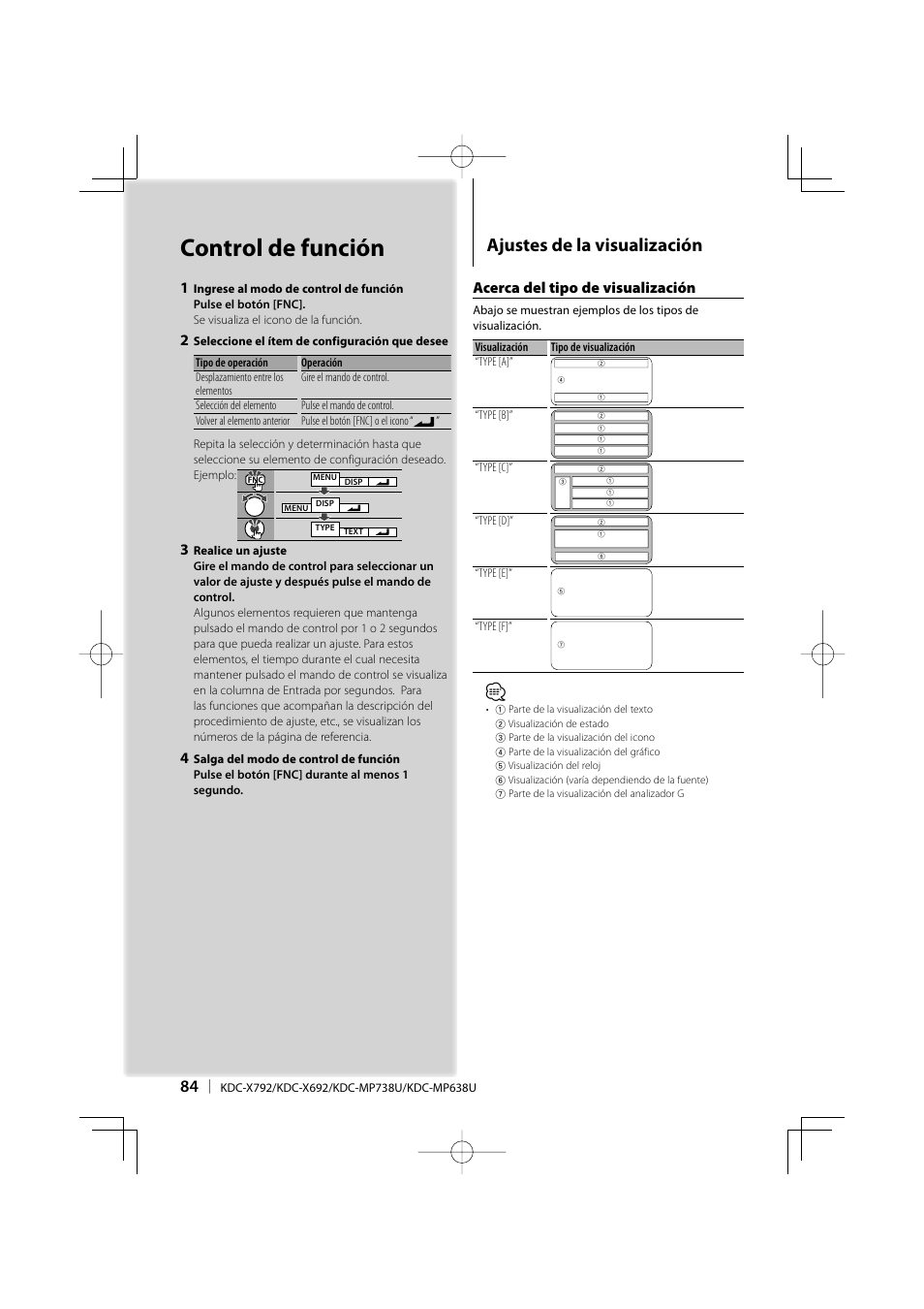 Control de función, Ajustes de la visualización, Acerca del tipo de visualización | Kenwood eXcelon KDC-X792 User Manual | Page 84 / 116