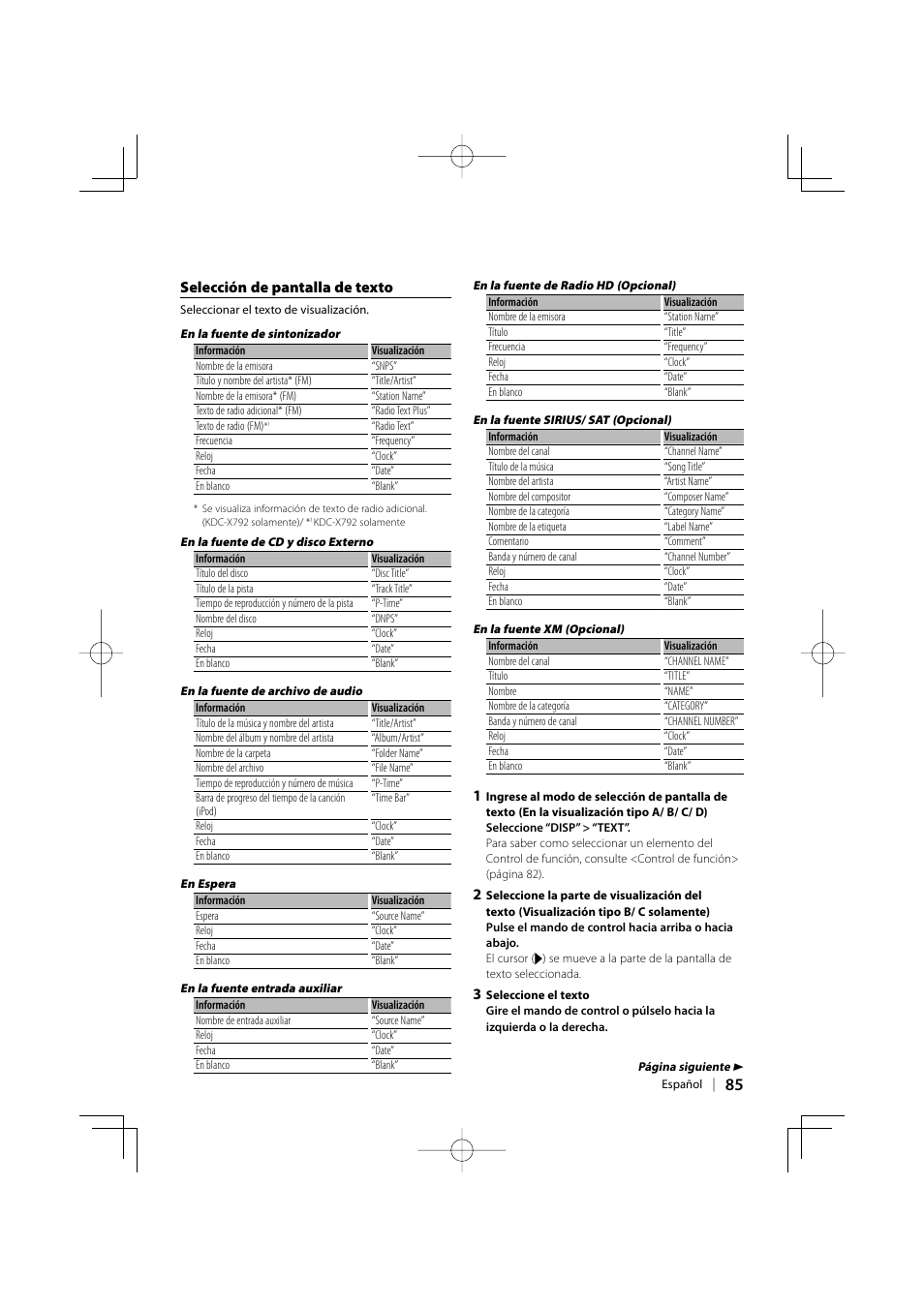 Selección de pantalla de texto | Kenwood eXcelon KDC-X792 User Manual | Page 85 / 116