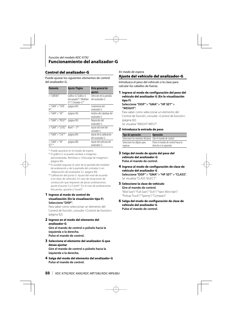 Funcionamiento del analizador-g, Control del analizador-g, Ajuste del vehículo del analizador-g | Kenwood eXcelon KDC-X792 User Manual | Page 88 / 116