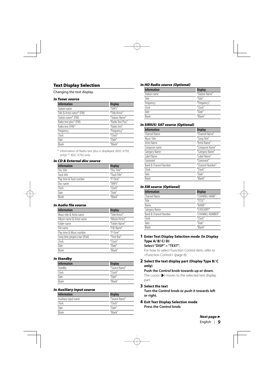 Text display selection | Kenwood eXcelon KDC-X792 User Manual | Page 9 / 116