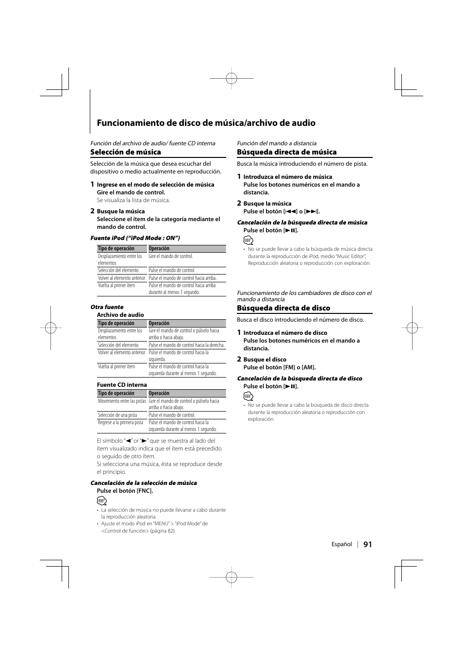 Funcionamiento de disco de música/archivo de audio | Kenwood eXcelon KDC-X792 User Manual | Page 91 / 116