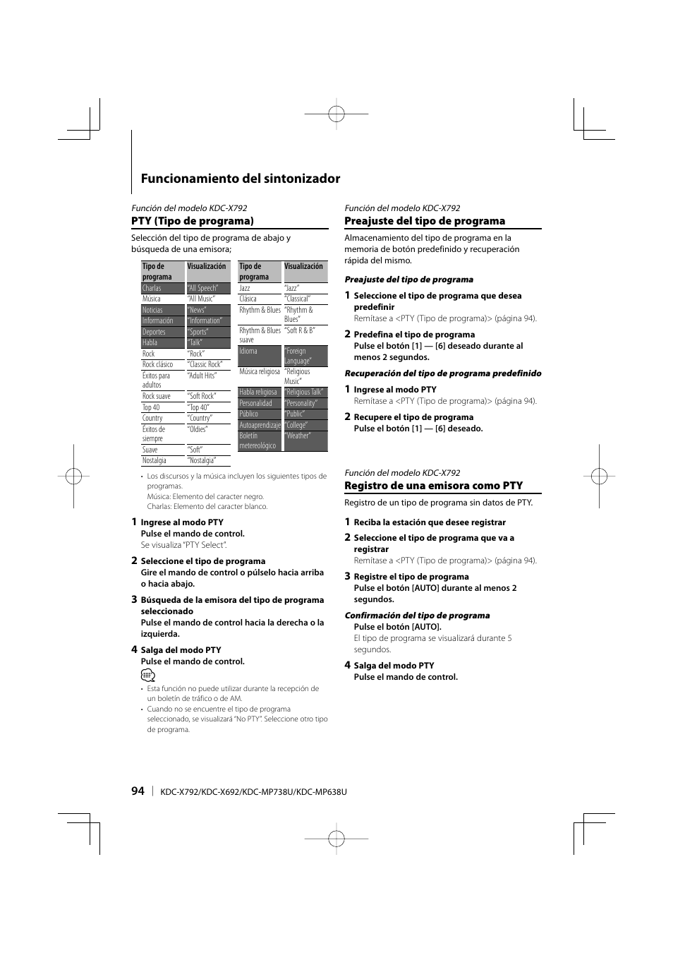 Funcionamiento del sintonizador | Kenwood eXcelon KDC-X792 User Manual | Page 94 / 116