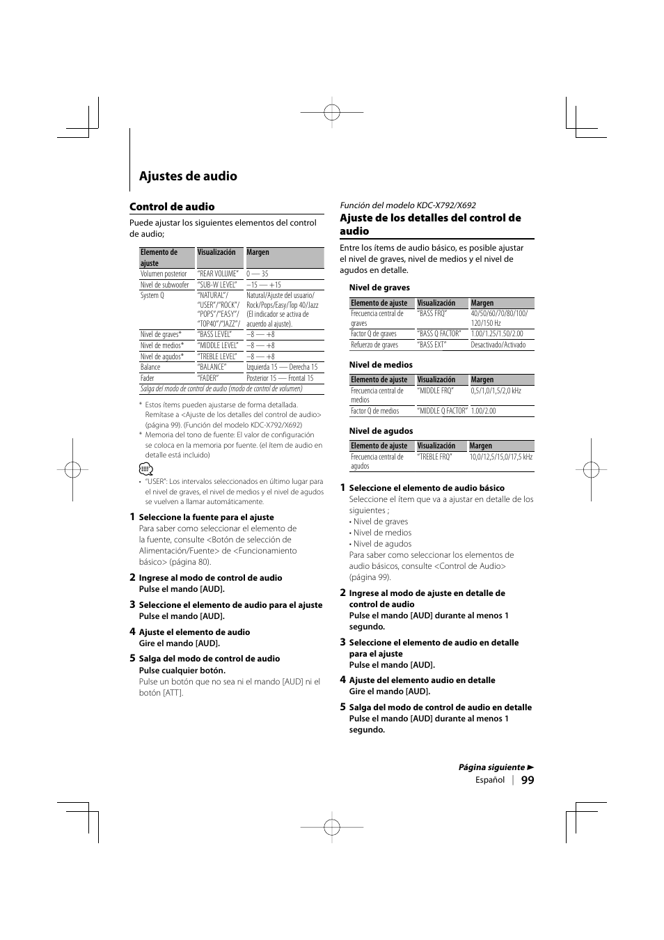 Ajustes de audio | Kenwood eXcelon KDC-X792 User Manual | Page 99 / 116