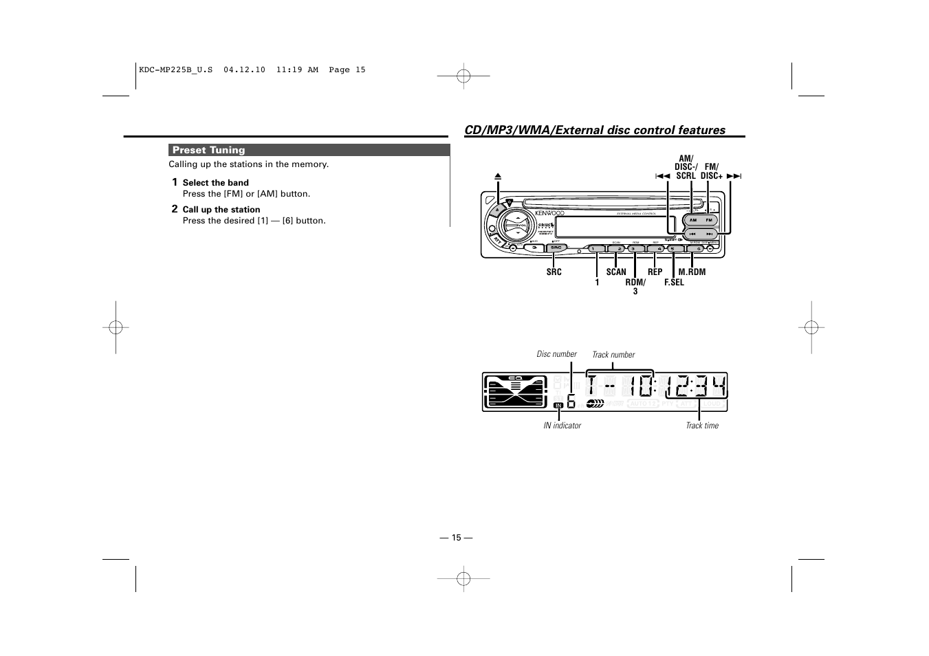 Cd/mp3/wma/external disc control features | Kenwood KDC-225 User Manual | Page 15 / 96