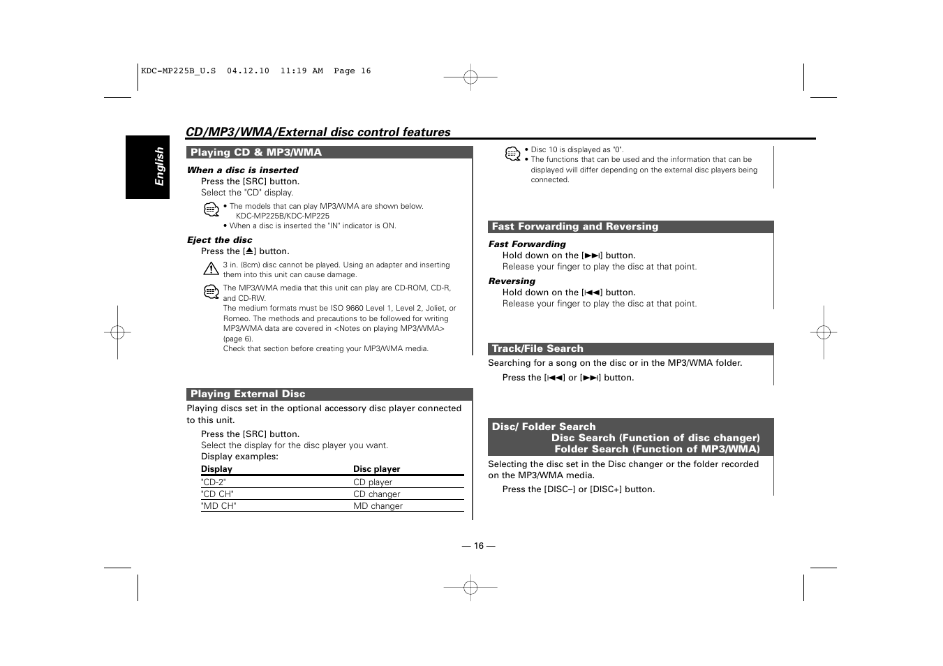 Kenwood KDC-225 User Manual | Page 16 / 96