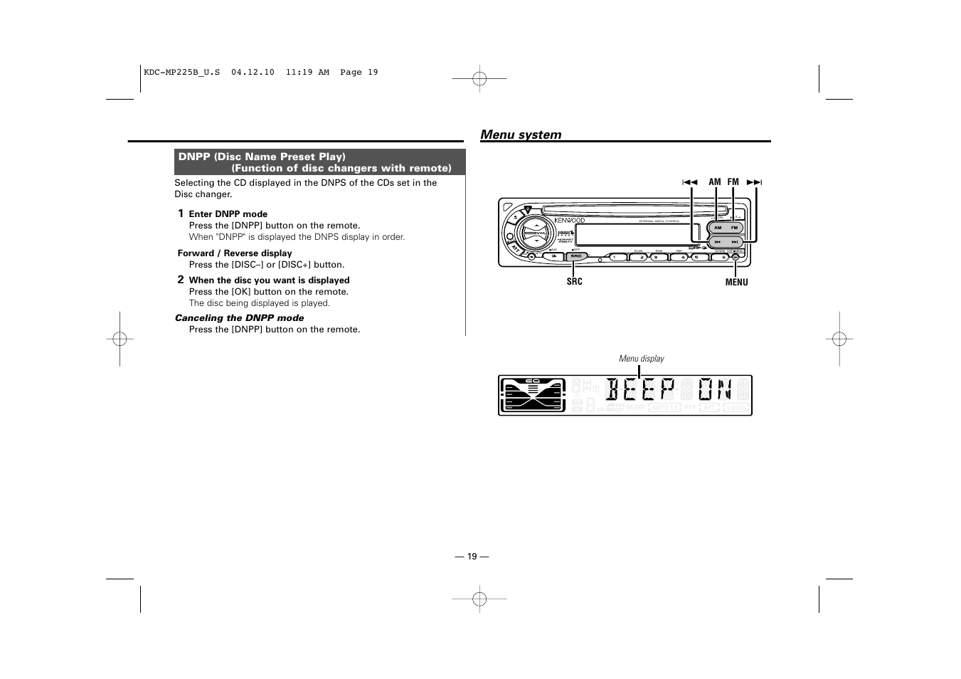 Menu system | Kenwood KDC-225 User Manual | Page 19 / 96