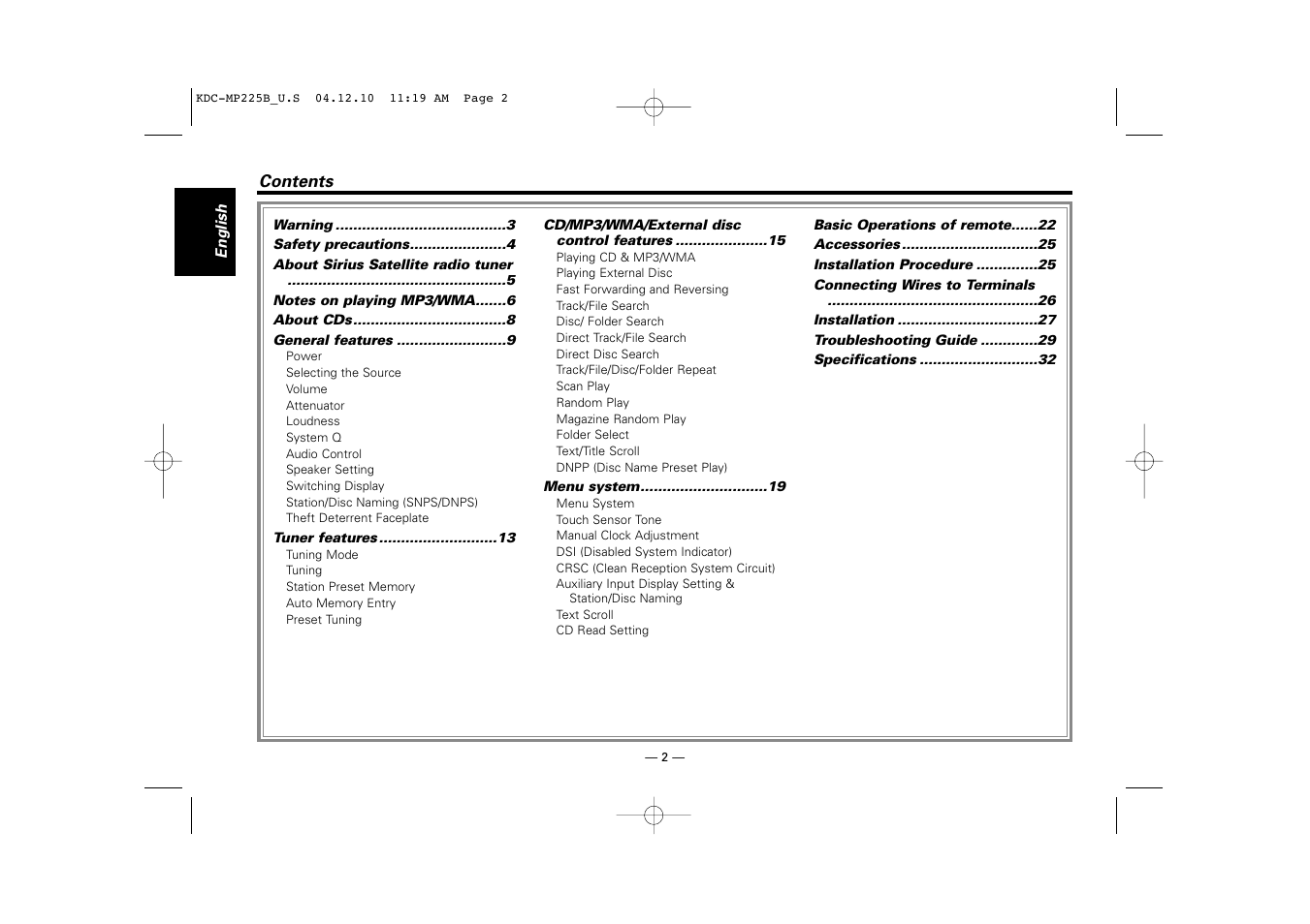 English | Kenwood KDC-225 User Manual | Page 2 / 96