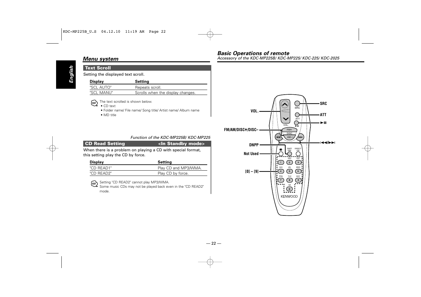 Menu system, Basic operations of remote, English | Kenwood KDC-225 User Manual | Page 22 / 96