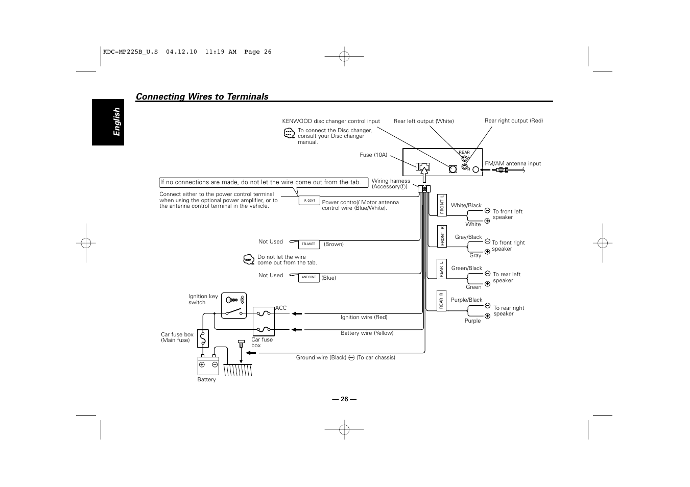 Connecting wires to terminals, English | Kenwood KDC-225 User Manual | Page 26 / 96