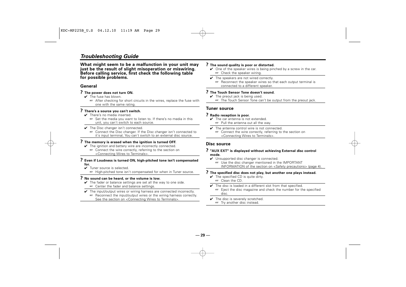 Troubleshooting guide | Kenwood KDC-225 User Manual | Page 29 / 96