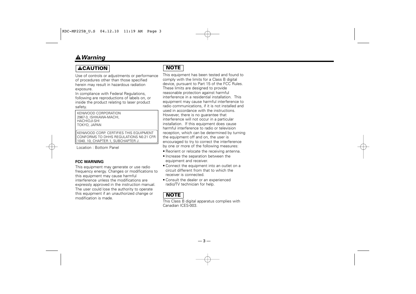 2 warning | Kenwood KDC-225 User Manual | Page 3 / 96