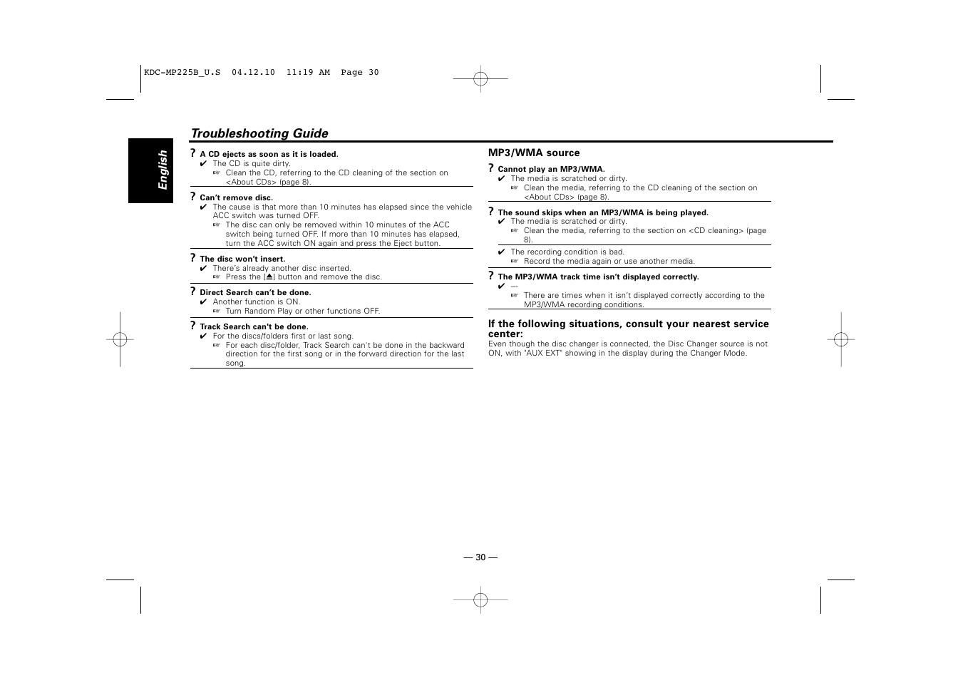 Troubleshooting guide | Kenwood KDC-225 User Manual | Page 30 / 96