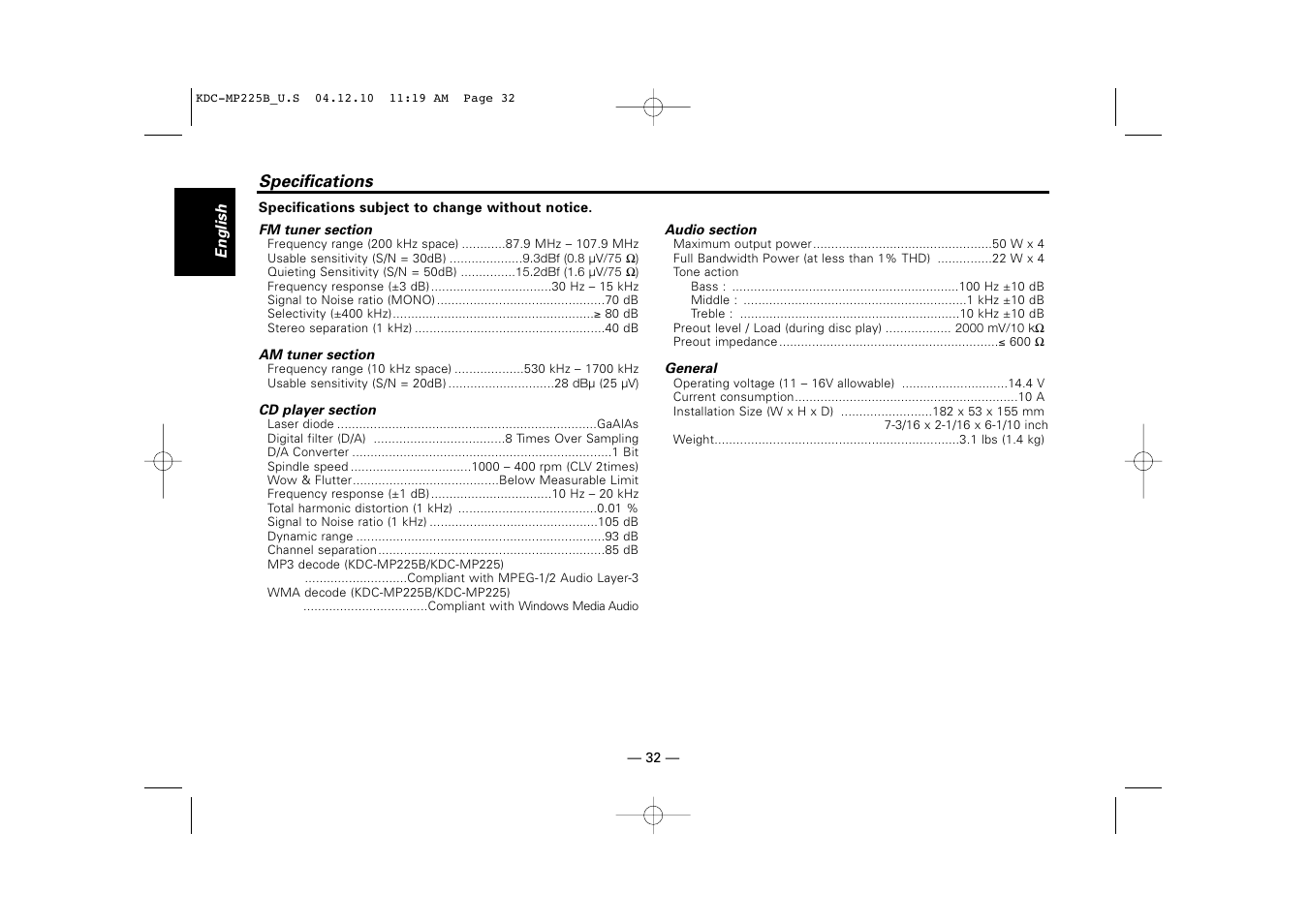 Kenwood KDC-225 User Manual | Page 32 / 96