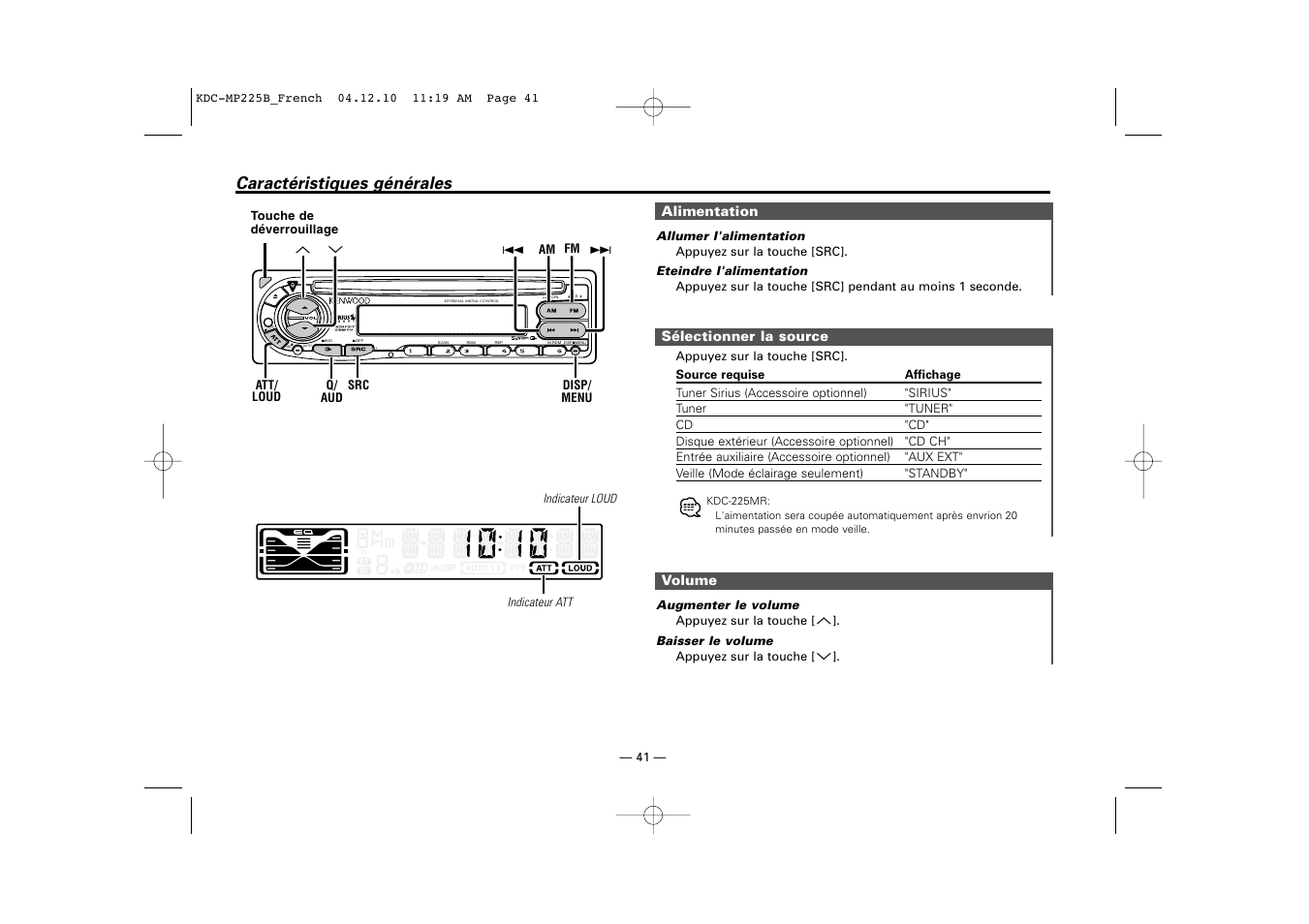 Caractéristiques générales | Kenwood KDC-225 User Manual | Page 41 / 96