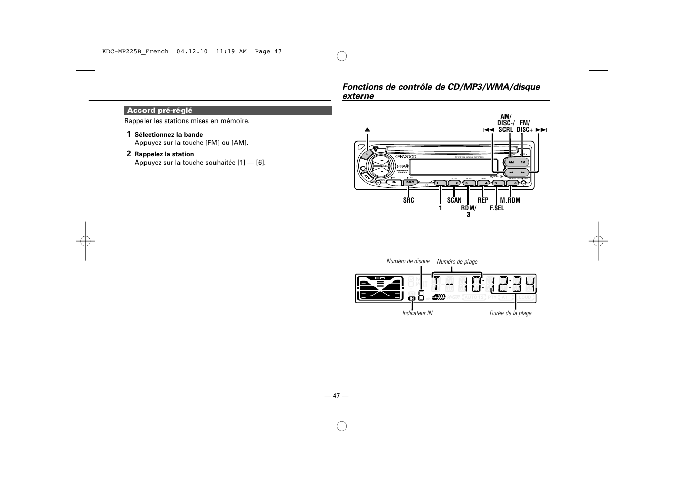 Fonctions de contrôle de cd/mp3/wma/disque externe | Kenwood KDC-225 User Manual | Page 47 / 96