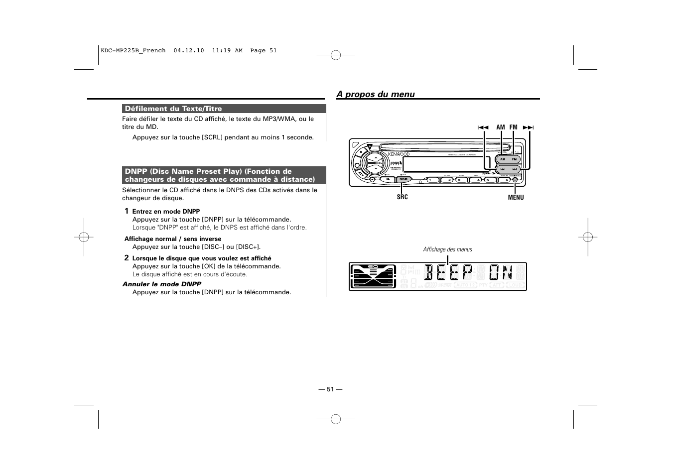 A propos du menu, Défilement du texte/titre | Kenwood KDC-225 User Manual | Page 51 / 96