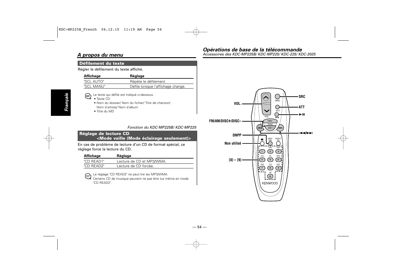 A propos du menu, Opérations de base de la télécommande, Français | Kenwood KDC-225 User Manual | Page 54 / 96