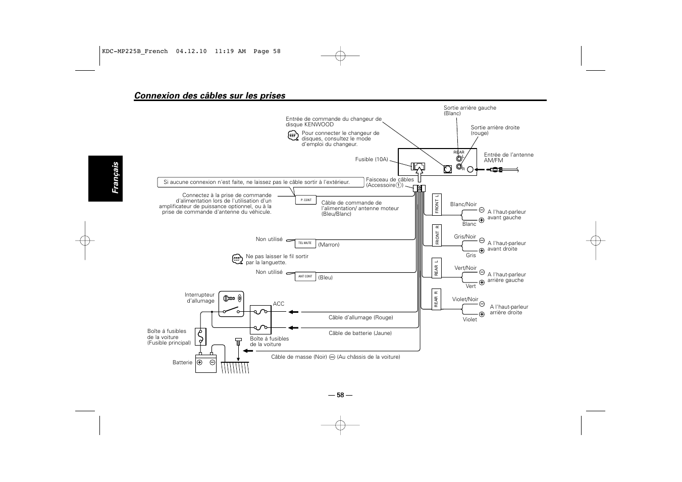 Connexion des câbles sur les prises, Français | Kenwood KDC-225 User Manual | Page 58 / 96